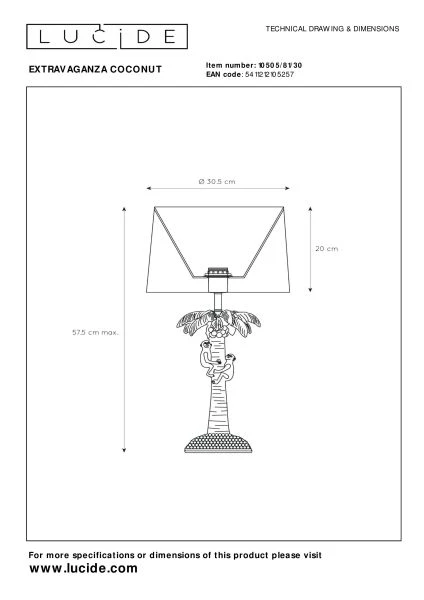 Lucide EXTRAVAGANZA COCONUT - Tafellamp - Ø 30,5 cm - 1xE27 - Zwart - technisch